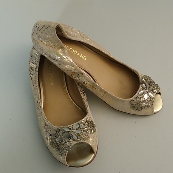 ARTURO CHANG GOLD & CREAM LEATHER SNAKE BALLET FLATS WITH RHINSTONES - Picture 1 of 14